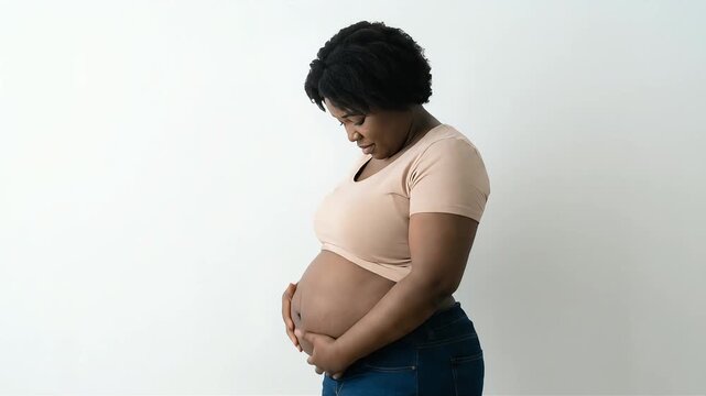A pregnant woman gently cradling her large belly.