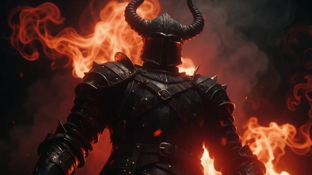 Armored Warrior Stands Defiant in Fiery Flames Cinematic Fantasy Battle Scene Dark Background Dramatic Lighting