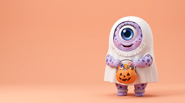 A cheerful 3D render of a single-eyed alien kid holding a candy pumpkin bucket, standing against an empty peach background with copy space.