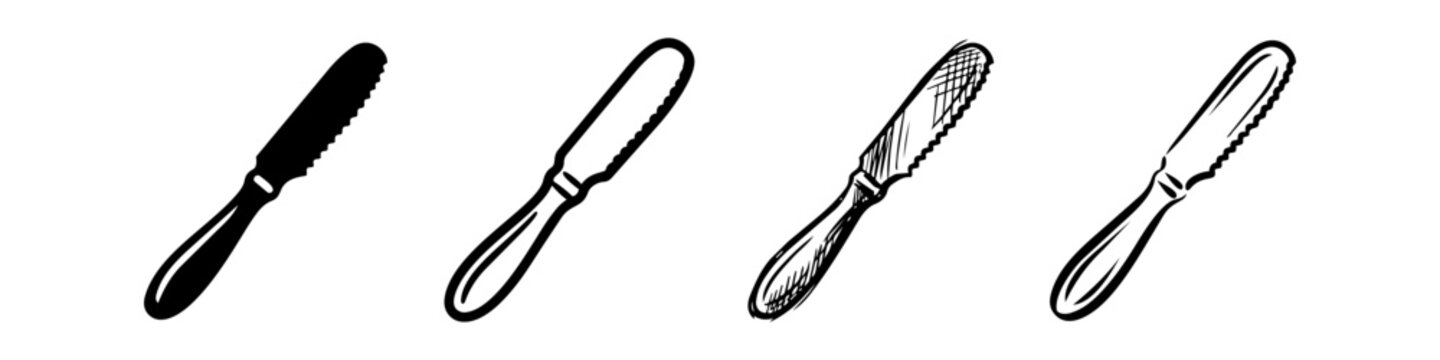 Butter Knife Vector Icon Set: Four Hand-Drawn, Silhouette, and Outline Styles of Spreader Knives Isolated on White Background