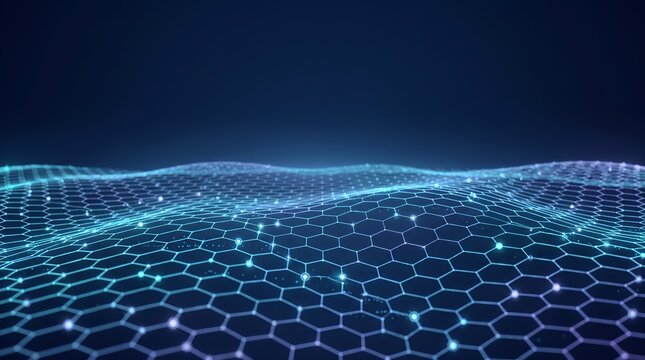 Abstract Digital Network Landscape Representation With Glowing Hexagonal Grid