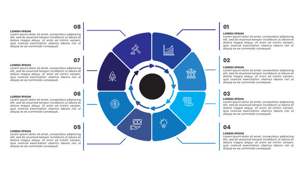 Collection of vector circle chart infographic templates for presentations, advertising, layouts, annual reports. 8 options, steps, parts