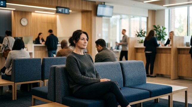 Confident woman patiently waiting on bench in busy modern bank or office lobby