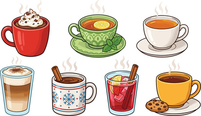 Obraz premium Vector illustration set of hot winter drinks, tea, coffee, hot chocolate, isolated on white.
