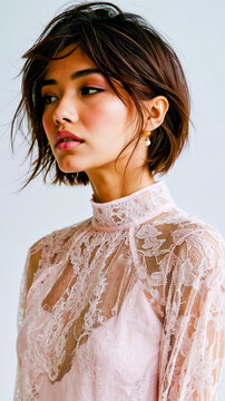 A woman with short brown hair and pink lipstick wearing a lace top