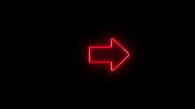 Animated neon arrow pointing right on black background. red glowing right arrow icon direction