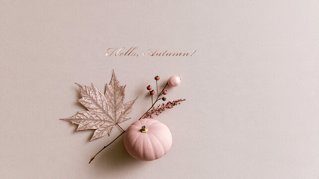 Pink pumpkin, dried leaves, and berries arranged artistically on a light background with the text Hello, Autumn elegantly displayed above the composition