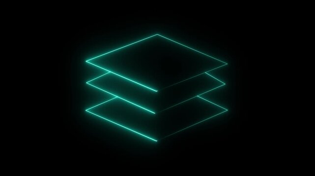 Blue neon animated layers icon representing stacked levels, layout structure, and on transparent