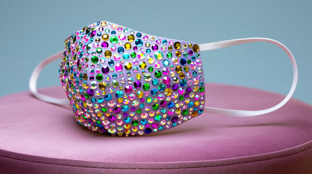 Decorative face mask adorned with colorful rhinestones resting on a pink velvet cushion against a soft blue background, showcasing unique fashion accessory design