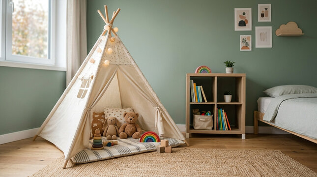 Cozy children's playroom with a fabric teepee and soft toys in a bright green room