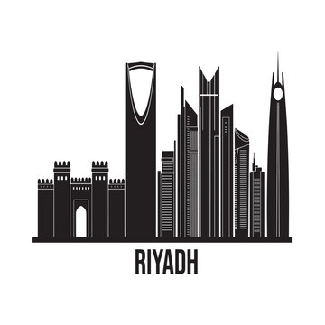 Riyadh skyline silhouette against a white background depicts urban architecture