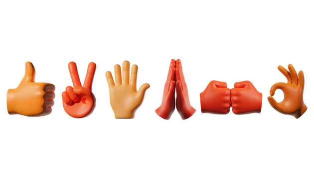 Set of 3d emoji gestures including thumbs up, victory, open hand, prayer hands, fist bump, and okay sign for communication design