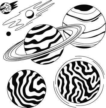Minimalist line art collection of various planets and shooting comets for scientific and astronomical design layouts