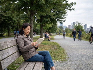 Obraz premium Middle-aged Asian woman reading a book alone on a bench in a green urban park on an overcast day.