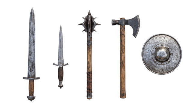 Medieval weapon collection including sword, dagger, mace, axe, and shield on transparent background for design and educational purposes