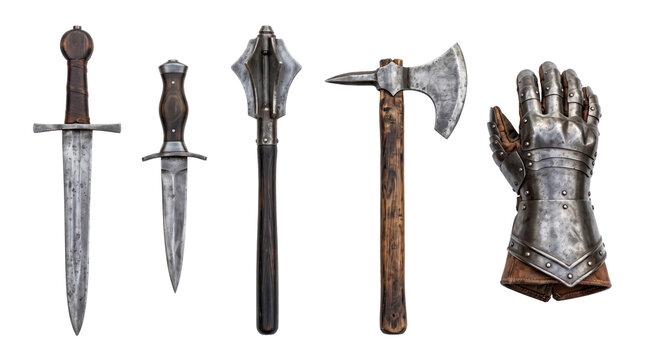 Medieval weapon set with swords, mace, axe, and armored gauntlet on transparent background for historical design and decoration
