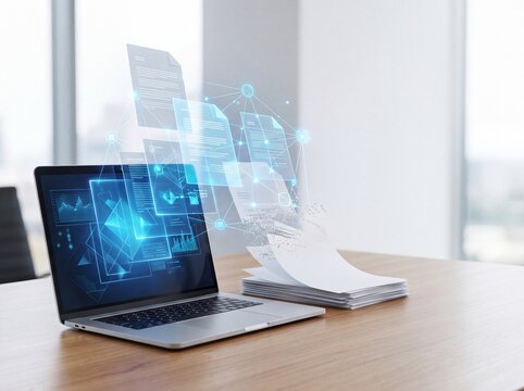 Laptop processing digital documents in a modern office environment