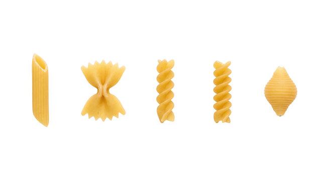 Variety of dry pasta shapes on a transparent background for food packaging and culinary design