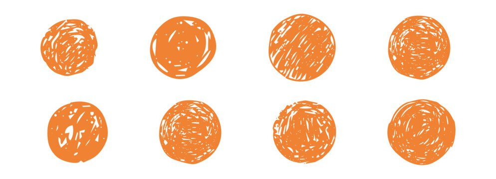 Pencil yellow crayon scribble brush strike circle. Hand drawn textured doodles on paper in grunge style. Vibrant circle scribbles spots. Rough pencil brush highlight textures. 