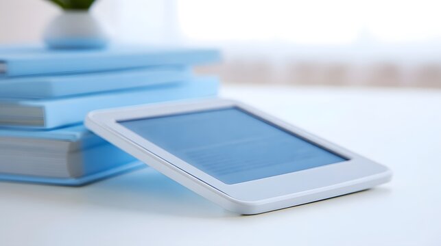 A sleek e reader device rests beside a stack of light blue books on a clean white surface  suggesting modern reading habits