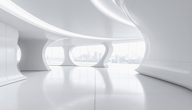 Modern futuristic interior architecture with organic shapes and city view through large windows