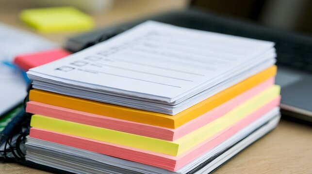 Stack of colorful sticky notes and a checklist on a wooden desk with a laptop in the background