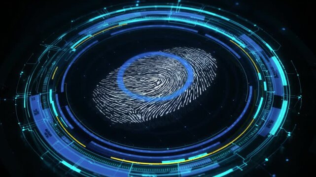 Fingerprint Scan Authenticating User on Futuristic Digital Interface with Glowing Blue Circuitry and Holographic Effect for Security Tech Concept