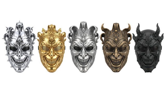 Decorative ornate metallic masks with devilish features on a transparent background for costume and theater design