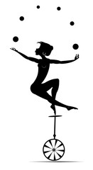 Female person balances on unicycle and juggles balls. Performance. Black on white silhouette © bigmen