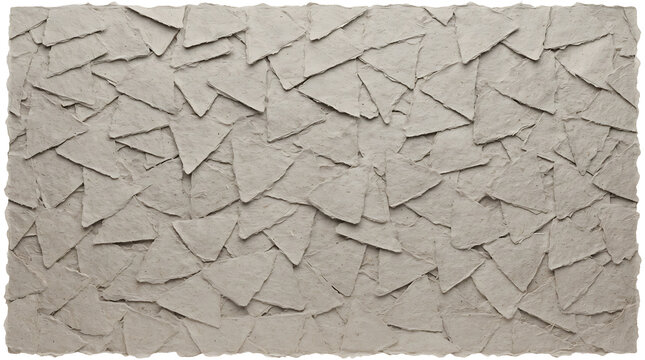 Abstract background of layered torn paper triangles with rough edges and textured surface.