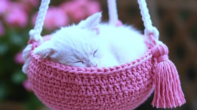 Cute white kitten sleeping in pink hanging basket. Stock video