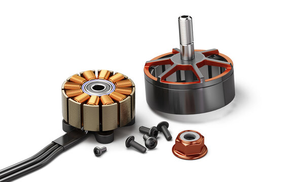Modern brushless electric motor for drones disassembled. Isolated on white. 3d illustration