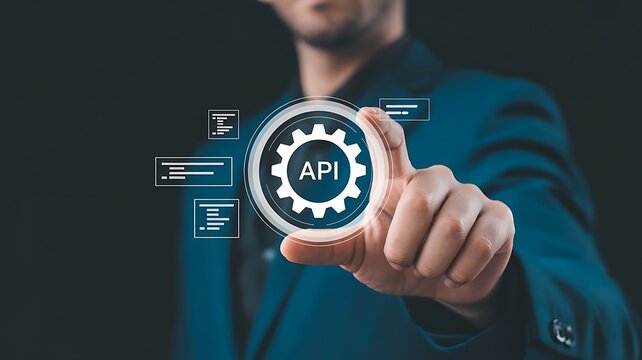 Professional Developer Interacting with Digital API Software Integration Interface for Seamless Data Connectivity and Cloud Computing Systems