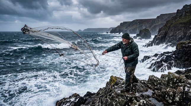 Fisherman casting net on rocky coast with stormy sea and dramatic clouds