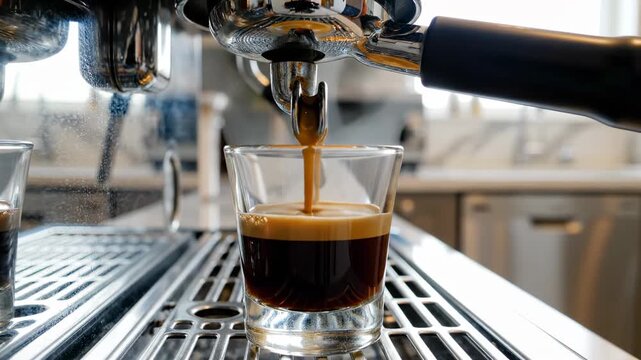 This shows espresso being brewed in a kitchen. The machine extracts coffee into a clear glass. The area is bright and modern with kitchen appliances visible