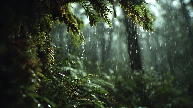 Lush Green Forest with Rainfall and Sunlight Streaming Through Trees