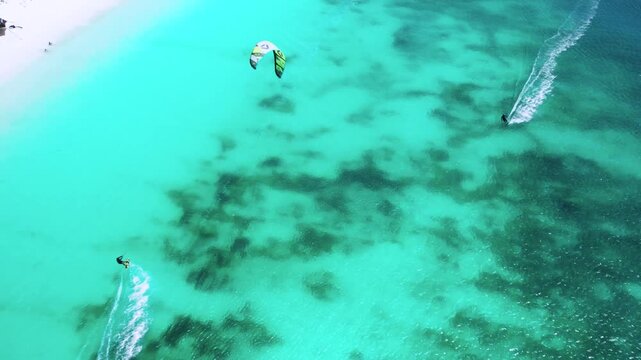 Aerial view of kitesurfing in Los Roques, Venezuela.