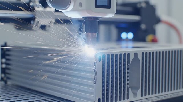 Collaborative robot performing micro seam welding on aluminum heat sink enclosure, precision electronics thermal manufacturing process