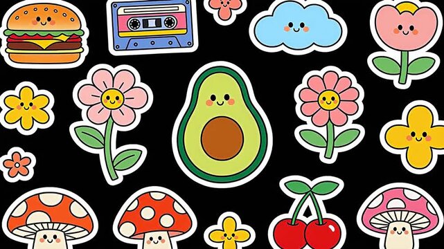 Cartoon sticker collection with smiling food and mushroom characters on black background