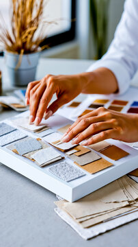 A person's hands are seen arranging colorful fabric samples on a white board