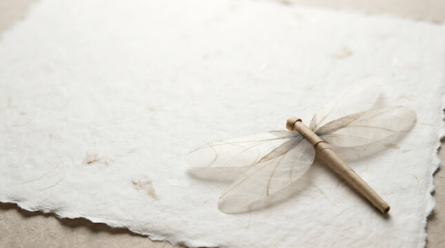 Decorative dragonfly ornament on a textured handmade white paper background
