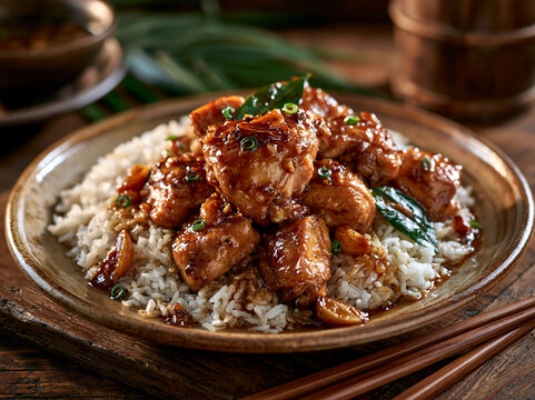 Filipino chicken adobo combines tender chicken with soy sauce, vinegar, garlic and bay leaves, served with rice as a beloved national dish.