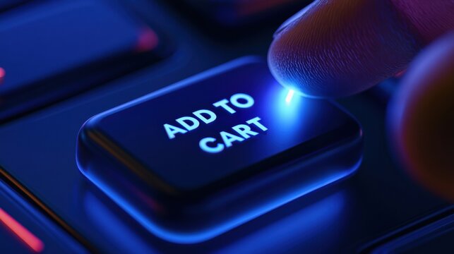 A close-up view shows a glowing add to cart button being pressed by a light beam in a bright setting, highlighting the action of shopping online.