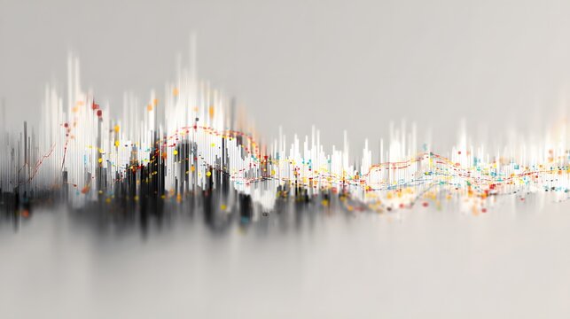 Abstract city skyline with vibrant data visualization on a gray background