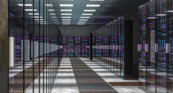 Server room containing network racks 3d