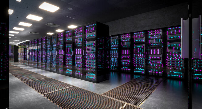 Server racks glowing in a modern data center 3d