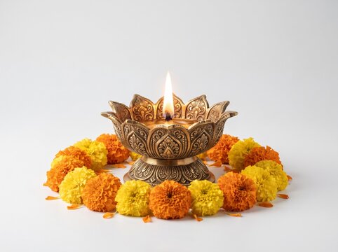 Ornate bronze lotus diya lamp on pedestal with burning flame surrounded by yellow and orange marigold flowers isolated on seamless white background. Diwali festival concept.