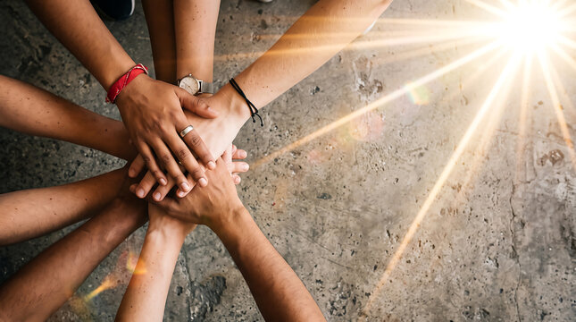 Diverse group of people joining hands in unity during outdoor team-building event with natural sunlight