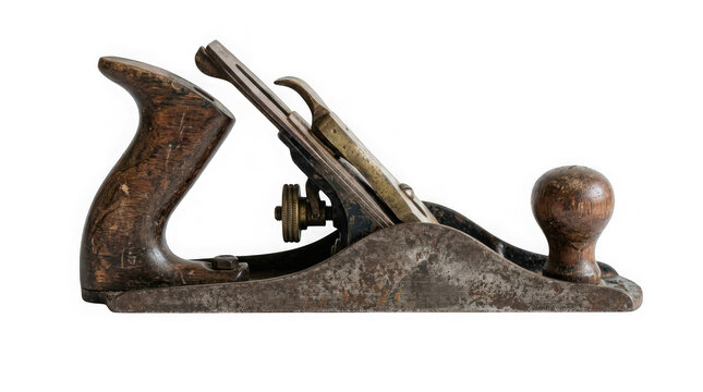 Vintage metal hand plane for woodworking isolated on transparent background