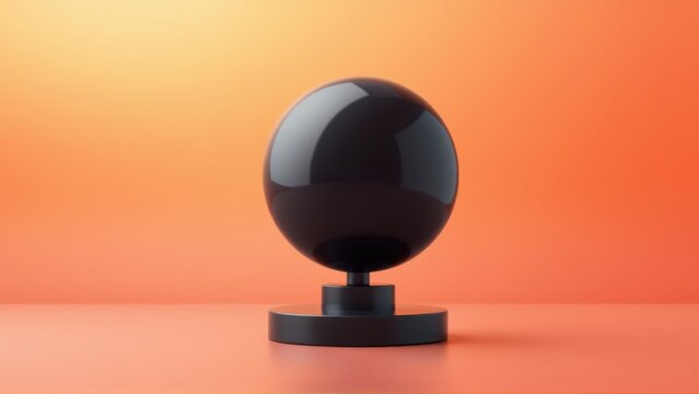 Black sphere rests upon base. Gradient background transitions from dark to bright orange hues. Minimalist studio lighting creates soft shadows.